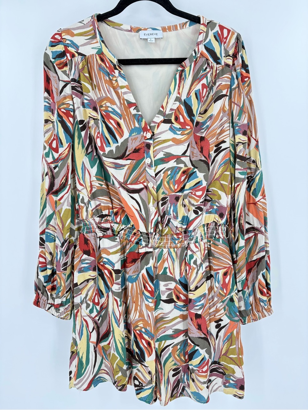 Evereve Evie Romper Multicolor Leaf V-Neck Long Sleeve Resort Party Size Large
